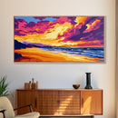 Beach, Ocean, Sunset, Framed Canvas Print, Coastal Wall Art, Seascape Painting, Vibrant Beach Scene, Relaxing Decor, Bedroom Art