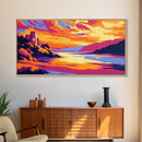 Castle Landscape, Sunset Reflection, Fantasy Art, Nature Wall Art, Framed Canvas Print, Office Decor, Majestic View, Mystical Artwork