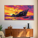 Shipwreck Sunset, Seascape Nautical, Framed Canvas Print, Vibrant Ocean Wall Art, Beach House Art, Nautical Art, Living Room Wall Art