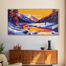 Snowy Mountains, River Sunset, Framed Canvas Print, Winter Landscape Art, Alpine Lodge Decor, Colorful Nature Art, Office Wall Art