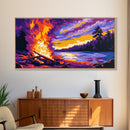 Bonfire Night, Lakefront Fire Scene, Autumn Evening Glow, Vibrant Outdoor Art, Framed Canvas Print, Man Cave Wall Decor, Cozy Home Design