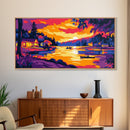 Cabin Sunset, Cozy Lakeside Scene, Peaceful Evening Retreat, Vibrant Nature Art, Framed Canvas Print, Bedroom Wall Decor, Rustic Home Style