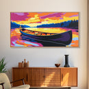 Canoe on Lake, Serene Water Reflection, Vibrant Sunset Art, Nature Scene, Framed Canvas Print, Living Room Decor, Cabin Wall Artwork