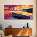 Canoe Sunset Lake, Reflection, Nature, Framed Canvas Print, Wall Art, Vibrant Landscape, Cabin Decor, Rustic Home, Outdoor Adventure