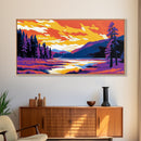 Forest, River, Sunset Sky, Vibrant Nature Scene, Framed Canvas Print, Wall Art, Cabin Home, Cozy Retreat, Outdoor Lovers, Rustic Aesthetic