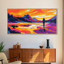 Cowboy, Western Art, Rustic Landscape, Sunset Wall Art, Framed Canvas Print, Living Room Decor, Boho Home, Mountain Painting