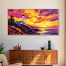 Lighthouse, Coastal Sunset, Ocean View, Nautical Wall Art, Framed Canvas Print, Beach House Decor, Seaside Painting, Vibrant Art