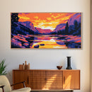 Mountain Reflection, Serene Lake, Warm Sunset, Framed Canvas Print, Bedroom Wall Art, Fall Colors, Nature Scene, Vibrant Home Decor