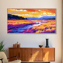 Golden Field River View, Canvas Print, Colorful Nature Art, Tranquil Landscape Painting, Boho Aesthetic, Living Room Wall Decor