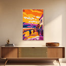 Sunset Village, Walkway, Framed Canvas Print, Mediterranean Street Art, Colorful Cityscape, Urban Wall Decor, Warm Tones