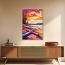 Autumn Beach, Sunset Painting, Vibrant Coastal, Driftwood Art, Framed Canvas Print, Fall Wall Art, Living Room Decor, Landscape Art