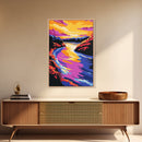 Sunset River Bend, Vibrant Landscape, Colorful Sky, Bold Nature, Framed Canvas Print, Living Room Art, Rustic Wall Decor, Boho Landscape