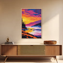 River Sunset, Misty Mountain, Tranquil Landscape, Framed Canvas Print, Nature Wall Art, Vibrant Painting, Home Office Decor, Cabin Gift