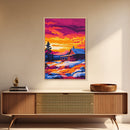 Sunset Cabin, Cozy Retreat, Rustic Nature, Framed Canvas Print, Winter Wall Art, Log Cabin Scene, Sunset Painting, Warm Color Decor
