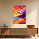 Beach Sunset, Ocean Waves, Coastal Landscape, Canvas Print, Boho Wall Art, Vibrant Sky Painting, Seaside Decor, Living Room Artwork