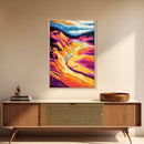 River Valley, Scenic Landscape, Mountain View, Framed Canvas Print, Nature Wall Art, Rustic Home Decor, Colorful Sunset Painting