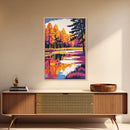 Tranquil Lake, Sunset Serenity, Dreamy Landscape, Bold Contrast, Framed Canvas Print, Cabin Decor, Cozy Retreat, Wall Art