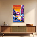 Frozen Falls, Winter Wonderland, Icy Landscape, Bold Color Contrast, Framed Canvas Print, Seasonal Art, Cozy Winter Decor