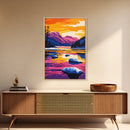Rocky River, Majestic Mountains, Sunset Reflections, Vibrant Colors, Framed Canvas Print, Living Room Wall Art, Bold Landscape