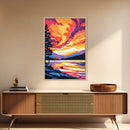 Sunset Lake, Landscape Painting, Autumn Art, Nature Wall Decor, Framed Canvas Print, Vibrant Mountain Scene, Living Room Wall Art