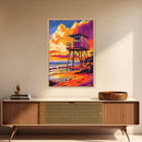 Lifeguard Tower, Beach Sunset, Coastal Summer Art, Vibrant Seascape, Framed Canvas Print, Ocean Lover Decor, Nautical Wall Art