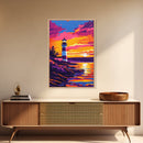 Lighthouse, Sunset, Coastal, Seascape, Framed Canvas Print, Nautical Decor, Beach House Wall Art, Vibrant Ocean Painting, Living Room Art