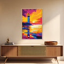Lighthouse, Reflection, Ocean, Sunset, Framed Canvas Print, Nautical Decor, Beach House Wall Art, Coastal Scene, Bright Wall Art