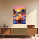 Water Lily, Sunset, Pond, Nature, Framed Canvas Print, Botanical Wall Art, Floral Painting, Bedroom Art, Serene Watercolor Vibes
