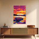 Dock, Lake, Boat, Sunset, Framed Canvas Print, Nautical Wall Art, Relaxing Lake House Decor, Living Room Art, Tranquil Scenic Painting