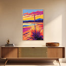 Desert, Plant, Sunset, Landscape, Framed Canvas Print, Boho Wall Art, Southwestern Art, Warm Earth Tones, Rustic Home Decor
