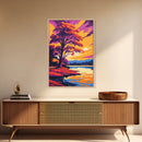 Autumn Tree, Vibrant Colors, Sunset Reflection, Framed Canvas Print, Fall Wall Art, Living Room Decor, Nature Art, Bold Landscape Painting