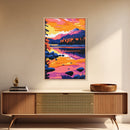 Mountain Lake, Sunset Sky, Nature Reflection, Framed Canvas Print, Cabin Decor, Bold Landscape Painting, Vibrant Scenic Artwork
