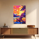 Adirondack Chair, Sunset Lake, Relaxing Art, Vacation Vibes, Framed Canvas Print, Outdoor Decor, Summer Wall Art, Nature Painting
