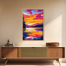 Sunset Lake, Vibrant Landscape, Framed Canvas Print, Modern Wall Art, Large Artwork, Living Room Art, Gift Idea, Colorful Painting
