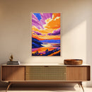 Sunset Over Cliffs, Vibrant Sky, Framed Canvas Print, Bold Landscape, Large Artwork, Living Room Art, Gift Idea, Colorful Painting