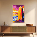 Surfboard Sunset, Vibrant Beach, Framed Canvas Print, Coastal Wall Art, Boho Decor, Large Artwork, Bedroom Art, Modern Painting, Gift Idea