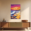 Sunset Shoreline, Breaking Waves, Framed Canvas Print, Coastal Wall Art, Beach Aesthetic, Boho Decor, Large Artwork, Living Room Art