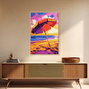 Beach Umbrella, Coastal Decor, Ocean Sunset, Relaxing Beach, Framed Canvas Print, Tropical Art, Vacation Vibes, Bedroom Wall Art