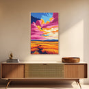 Golden Field, Sunset Sky, Framed Canvas Print, Warm Landscape Art, Country Home Decor, Colorful Painting, Cozy Aesthetic, Dining Room Art