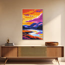 River, Sunset Glow, Serene Nature, Framed Canvas Print, Vibrant Landscape, Rustic Wall Decor, Home Office Art, Mountain Retreat Decor