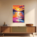 Water Reflection, Colorful Sunset, Lake View, Nature Art, Bold Tones, Serene Decor, Framed Canvas Print, Office, Living Room Art