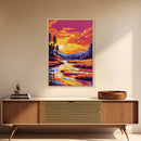 Twilight Reflections, Dreamy Landscape, Framed Canvas Print, Mystical River Art, Sunset Scene, Warm Colors, Home Office Wall Decor