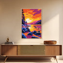 Golden Shore, Sunset Beach Art, Coastal Wall Decor, Vibrant Landscape, Framed Canvas Print, Seaside Home Art, Nautical Aesthetic