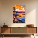 Lakeside Sunset, Rustic Cabin Art, Vibrant Fall Decor, Framed Canvas Print, Modern Nature Art, Outdoor Wall Hanging, Home Aesthetic