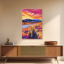 Mountain Meadow, Sunset Landscape Art, Rustic Cabin Decor, Autumn Nature Print, Warm Colors Painting, Framed Canvas Print