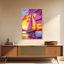 Sailboat at Sunset, Nautical Wall Art, Coastal Decor, Colorful Ocean Painting, Vibrant Seascape, Beach House Art, Framed Canvas Print
