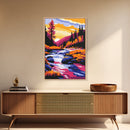 Autumn Stream, Fall Landscape Art, Cozy Cabin Decor, Rustic Nature Print, Vibrant Orange and Blue Painting, Canvas Print