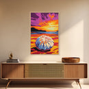 Sand Dollar Art, Coastal Beach Wall Decor, Ocean Inspired Print, Vibrant Sunset Art, Framed Canvas Print, Nautical Living Room Art