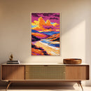 Mountain Sunset Painting, River Valley Wall Art, Colorful Landscape Print, Dramatic Nature Art, Framed Canvas Print, Rustic Cabin Decor