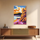 Cliffside Sunset Art, Coastal Landscape Print, Vibrant Nature Painting, Dramatic Sky Wall Art, Framed Canvas Print, Office Scenic Decor